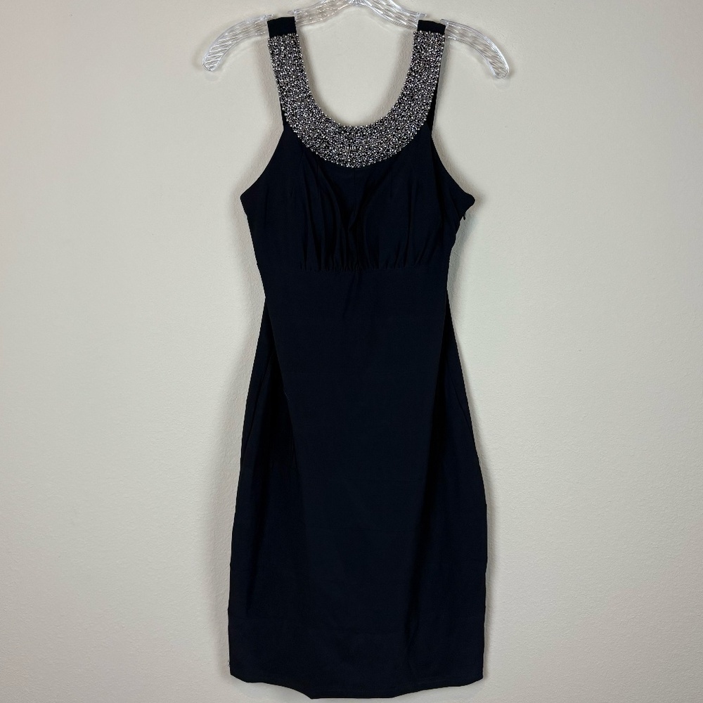 R&M Richards Black Beaded Neckline Sleeveless Midi Dress; Size 10P